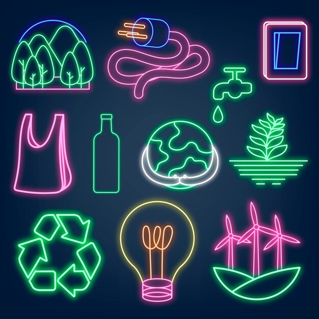 Neon sign environment illustration vector set, eco-friendly