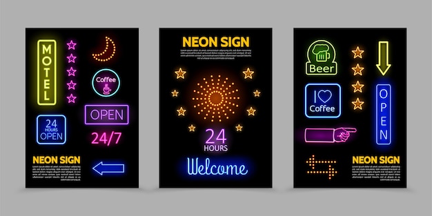 Insegne al neon poster promozionali con cornici illuminate iscrizioni colorate stelle luminose brilla