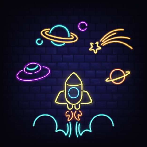 Neon space icons set, rocket, ufo, Saturn planet and comet signs