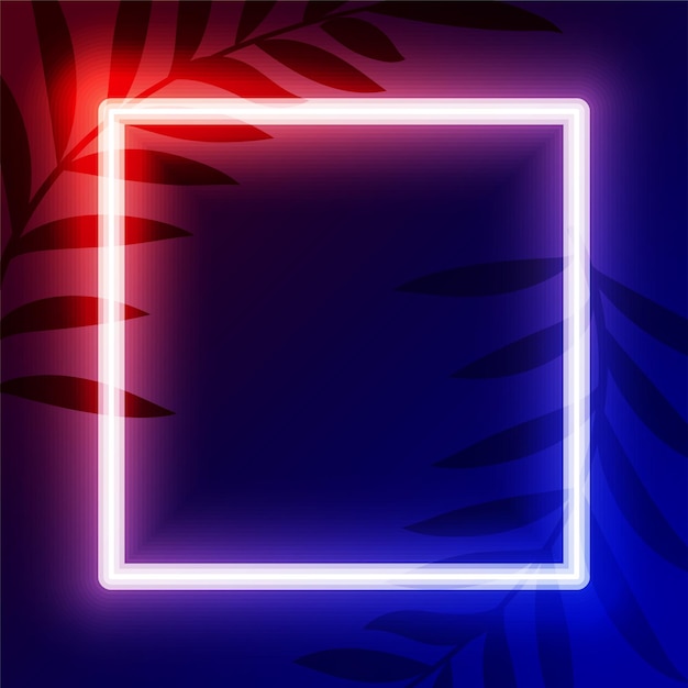 Free vector neon square frame with leaves in red and blue colors