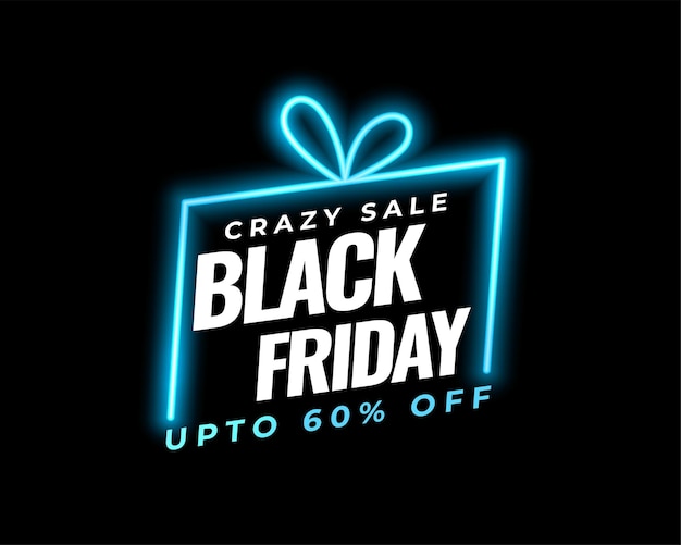 Neon style black friday crazy sale template with glowing giftbox