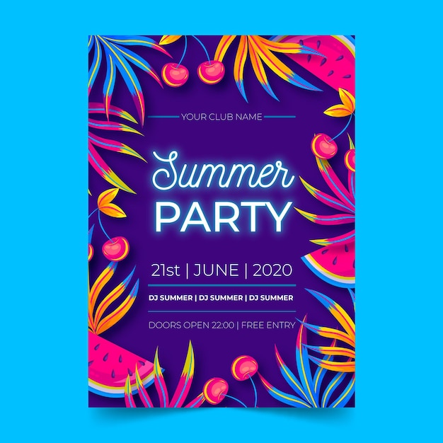 Free vector neon summer party flat design poster