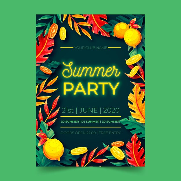Neon summer party lettering flat design poster