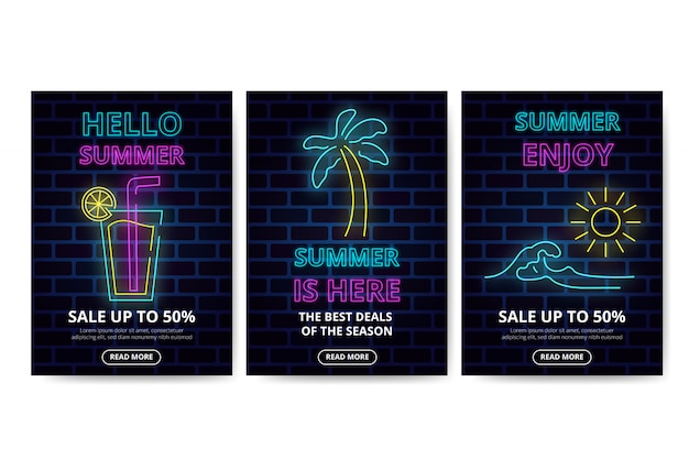 Neon summer sales banner collection