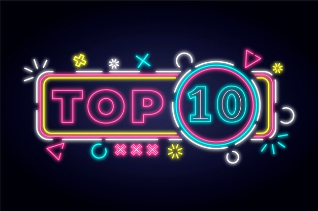 Neon top ten sign with colorful shapes