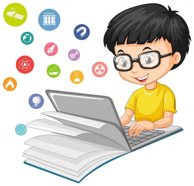 Nerdy boy searching on laptop with education icon cartoon style isolated on white background