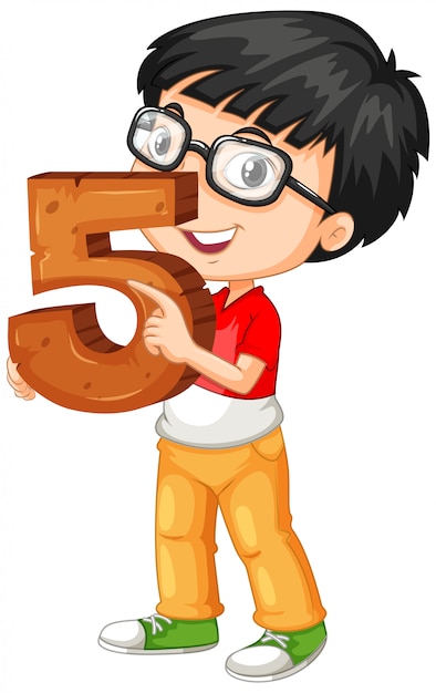 Бесплатное векторное изображение Ботанистый мальчик в очках держит математику номер пять