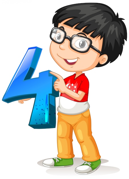 Free vector nerdy boy wearing glasses holding math number four