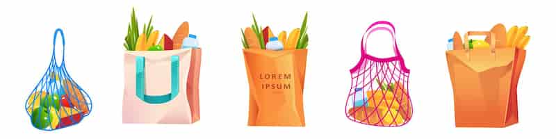 Free vector net cotton and paper shopping bags with grocery