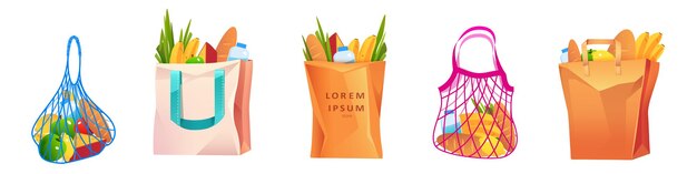 Net cotton and paper shopping bags with grocery