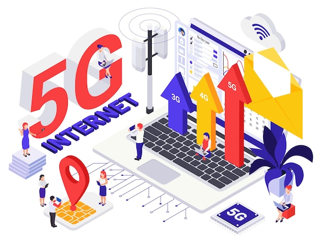 Концепция изометрического дизайна сетевого поколения 5G с крошечными человечками и символами роста