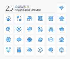 Free vector network and cloud computing 25 blue color icon pack including gear storage monitor network computing