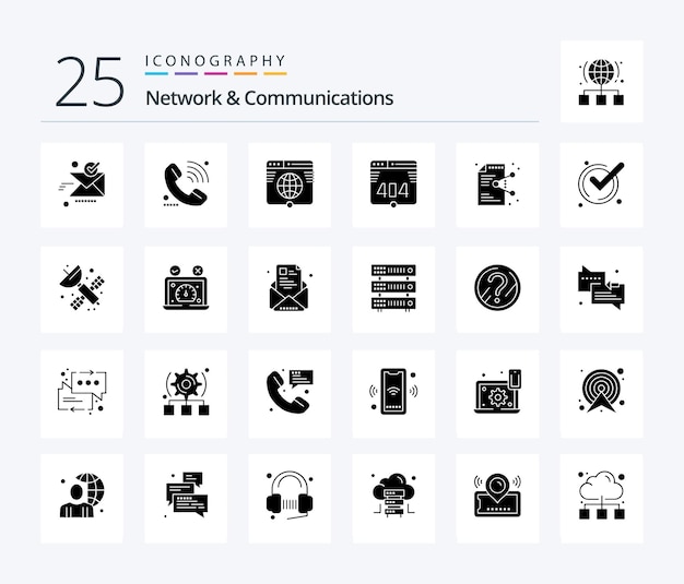 Network And Communications 25 Пакет значков Solid Glyph, включая ссылку на веб-сайт сигнала веб-компьютера