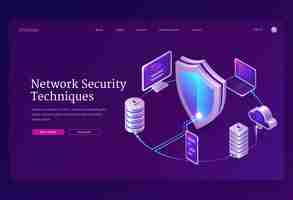 Free vector network security techniques banner. concept of safety internet technologies, data secure. landing page of information protect with isometric laptop, mobile phone, computer and shield icon