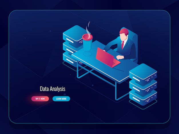 Network server, big data processing, system administrator programmer sitting at the table