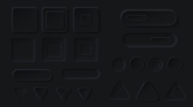 Neumorphic black buttons for ui app. Vector 3d design elements for user interface, blank circle, triangle and square soft icons, web forms and sliders for dark website or application interface