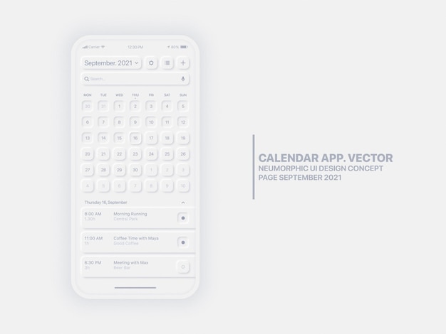 Neumorphic design calendar 모바일 앱 페이지 9 월 ui ux 템플릿