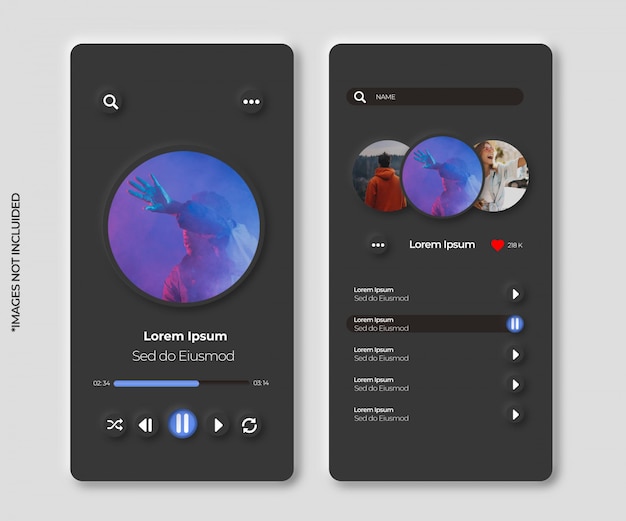 Музыкальное приложение с интерфейсом neumorphic для смартфона