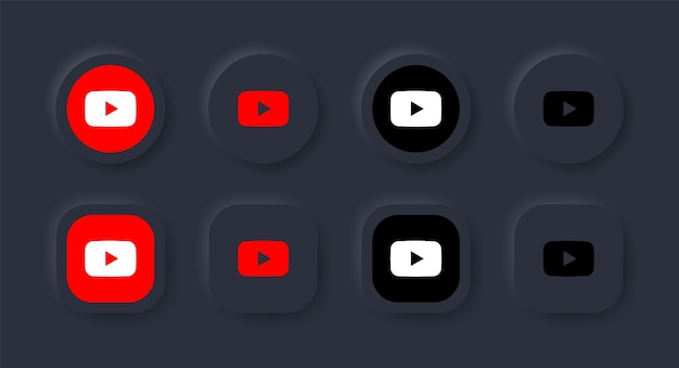 Неуморфный значок логотипа youtube в черной кнопке для значков социальных сетей, логотипы в кнопках неоморфизма