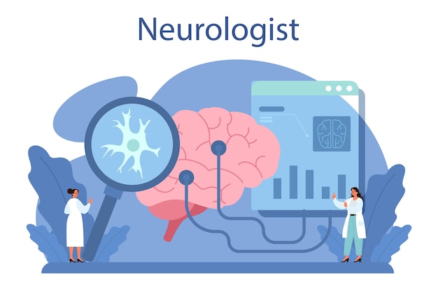 神経内科医の概念医師が人間の脳を調べる患者の健康を気にする医師のアイデア医療MRI診断と診察漫画風のベクトル図