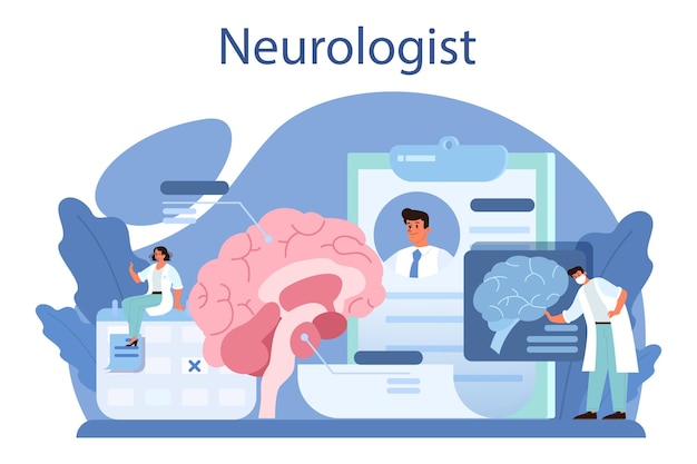 Концепция невролога Доктор исследует человеческий мозг Идея врача, заботящегося о здоровье пациента Медицинская МРТ диагностика и консультация Векторная иллюстрация в мультяшном стиле