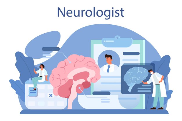 Neurologist concept Doctor examine human brain Idea of doctor caring about patient health Medical MRI diagnosis and consultation Vector illustration in cartoon style