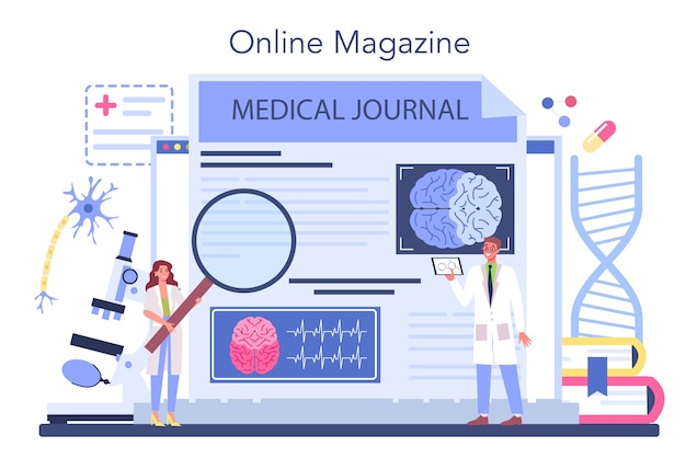 Neurologist online service or platform Doctor examine human brain Medical MRI diagnosis and consultation Online magazine Vector flat illustration