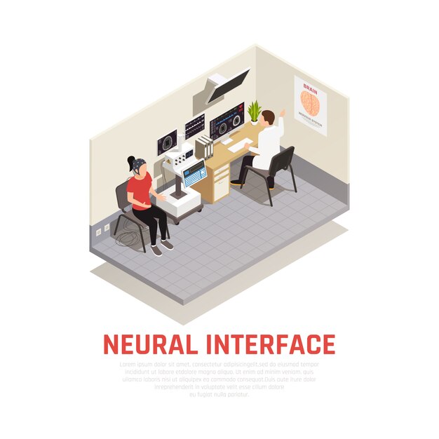 Neurology and neural interface isometric concept with brain research symbols