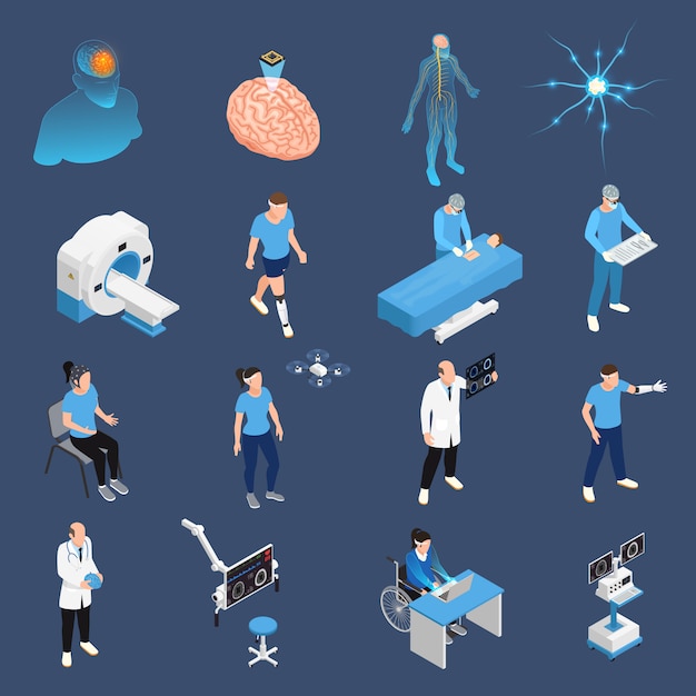 Free vector neurology and neural surgery icons set isometric isolated