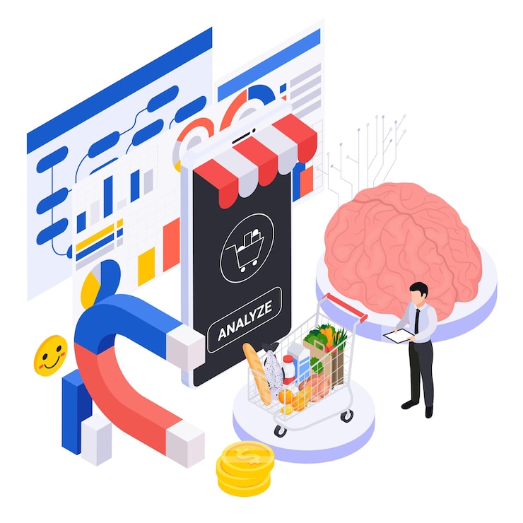 Free Vector neuromarketing concept with manager analysing customer behaviour and developing strategy isometric vector illustration