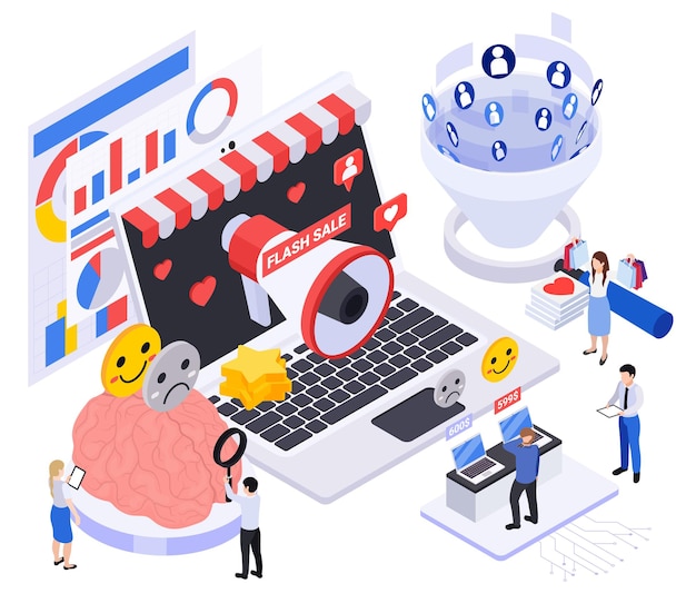 Neuromarketing isometric concept with people studying customers behaviour during shopping vector illustration