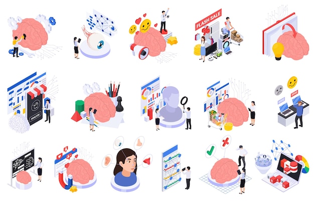 Free vector neuromarketing technology isometric set with people analysing customers behaviour isolated 3d vector illustration