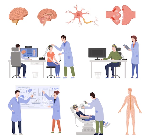 Free vector neuroscience brain scientists flat set of isolated icons with characters of doctors patients anatomic body sensors vector illustration