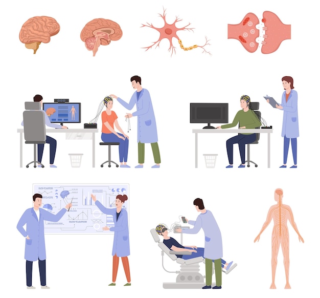 Бесплатное векторное изображение Ученые-неврологи мозга плоский набор изолированных иконок с персонажами врачей пациентов анатомические датчики тела векторные иллюстрации