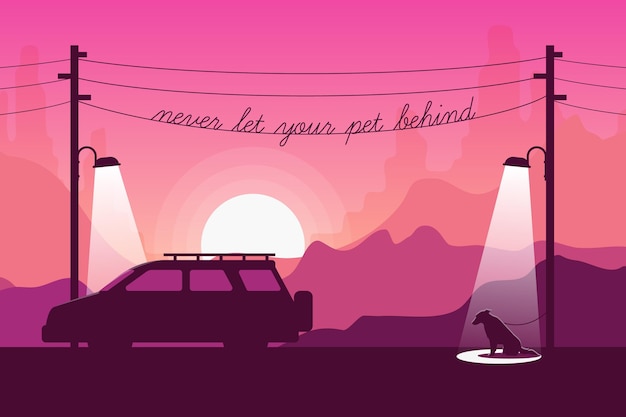 Never leave your pet behind illustration with dog and car