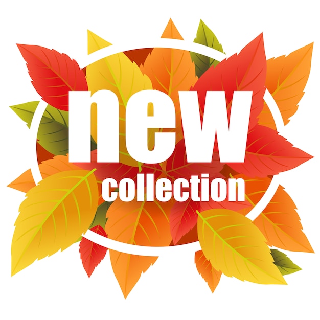 Free vector new collection lettering. creative inscription with colorful autumn leaves in circle frame.