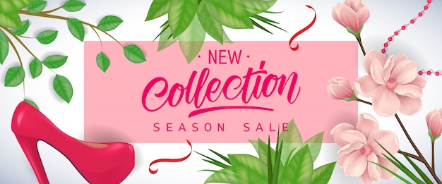벚꽃 꽃, 잎 및 신발 핑크 프레임에 새 컬렉션 시즌 판매 글자