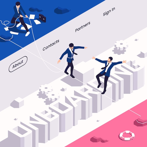 New employee orientation onboarding isometric web page with member of staff helping colleague walk on wire vector illustration