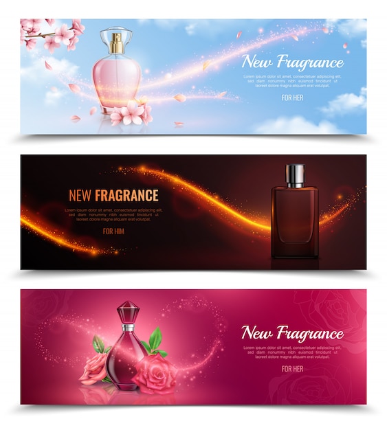 New fragrance horizontal cosmetics banners with bottles of perfume and effect of magic flying glitters realistic