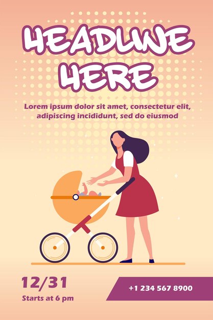 New mom walking with stroller flyer template