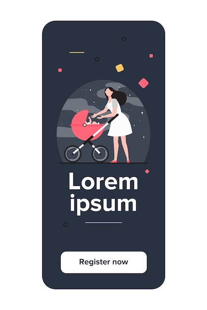 New mom walking with stroller. Mother reaching hands to baby in pram flat vector illustration