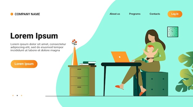 無料ベクター 在宅勤務の新しいお母さん。職場でコンピューターを使用して、赤ちゃんを腕に抱いて働く母親