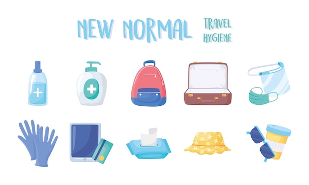 New normal after covid 19, travel hygiene sanitizer gel bag mask gloves and more illustration