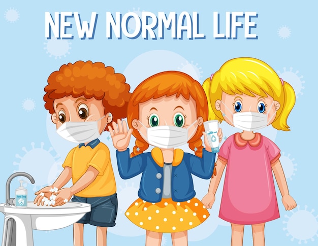 Free vector new normal life with children wearing masks
