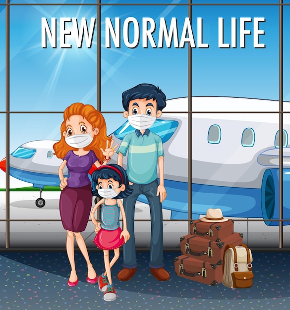 Free vector new normal life with happy family ready to travel at the airport