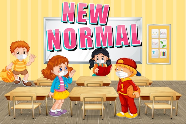 Free vector new normal with students keep social distancing in the classroom