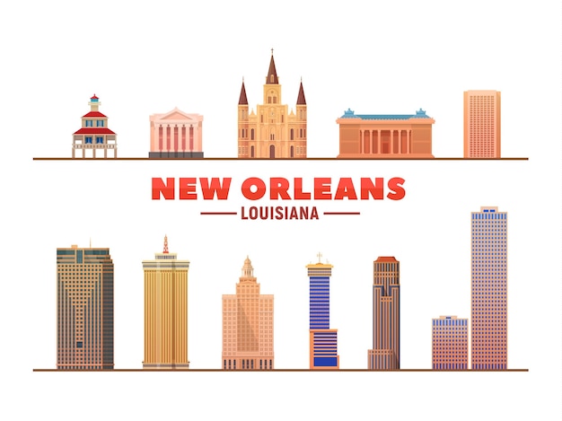 Vettore gratuito illustrazione vettoriale dei punti di riferimento della città di new orleans louisiana stati uniti su sfondo bianco concetto di viaggi d'affari e turismo con edifici moderni immagine per il sito web banner di presentazione