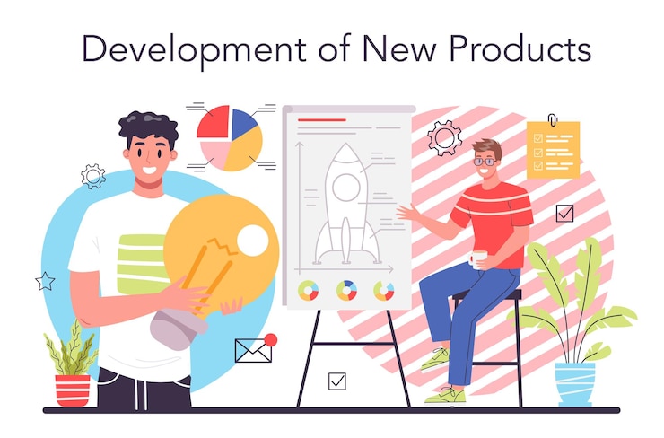 New product development concept Start up business development idea Entrepreneurship concept Idea of project planning promotion management and marketing Vector illustration in cartoon style