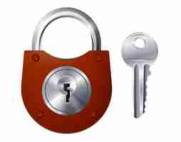 Free vector new red padlock and metallic key isolated decorative icons on white  realistic