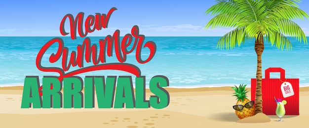 New summer arrivals, big sale banner. cold drink, pineapple, sunglasses, palm, red bag